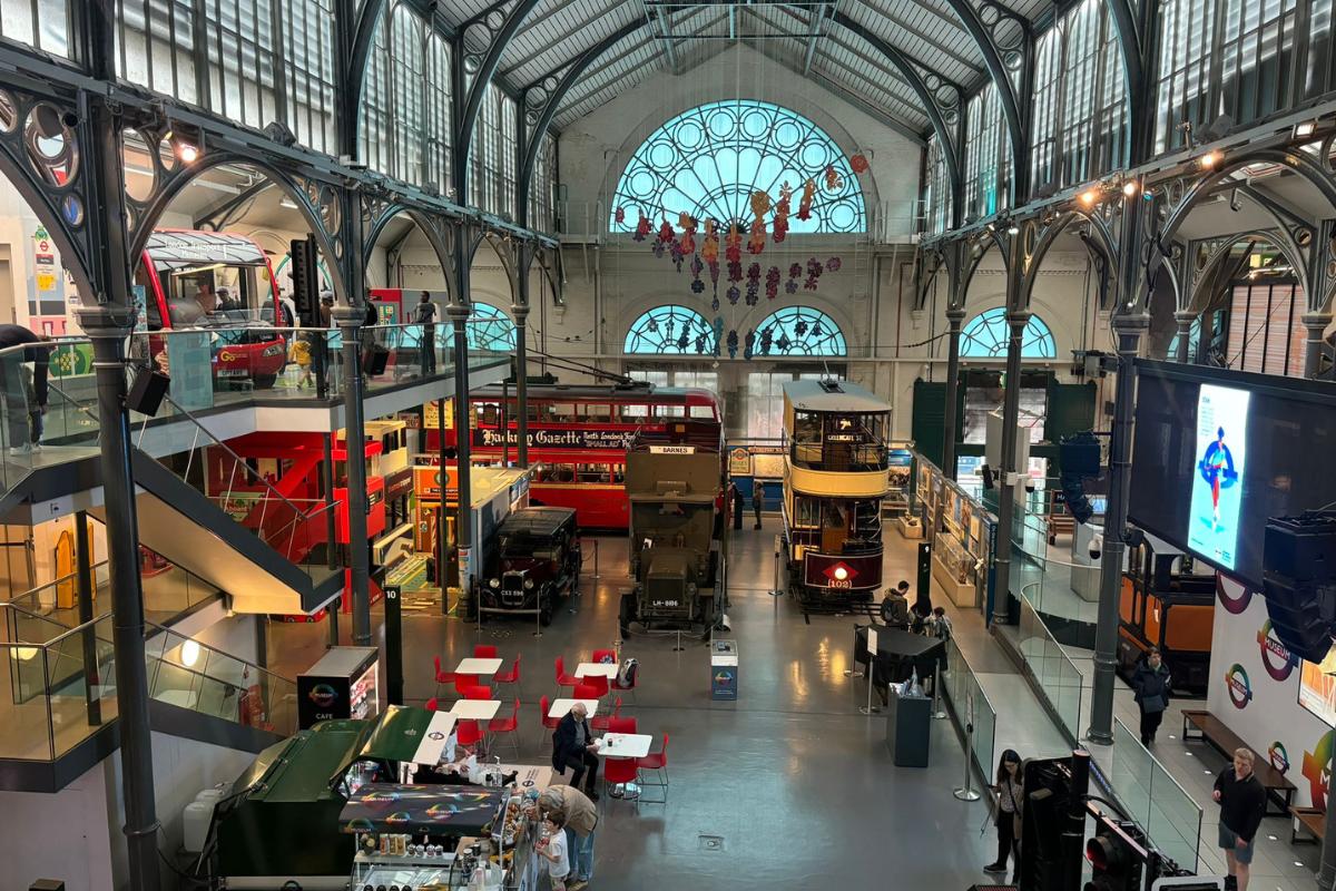 A view of the London Transport Museum main gallery from a balcony