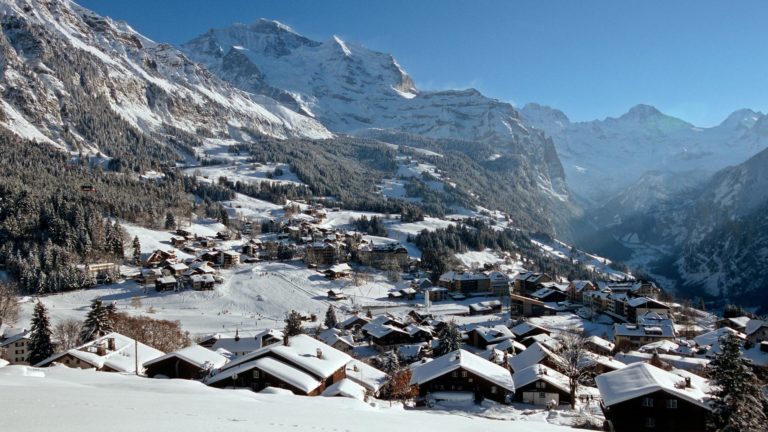 Snowy scene in Swiss village Wengen
